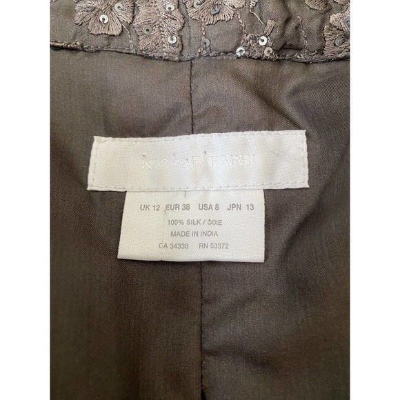Nicole Farhi Jacket Blazer Taupe Brown Open Front Embroidered Sequin 100… - Picture 5 of 5